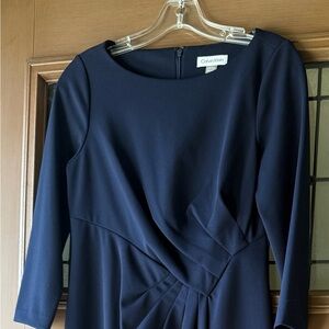 Calvin Klein Women Dark Navy Ruched Waist Dress 3/4 Sleeves Size 8 Petite